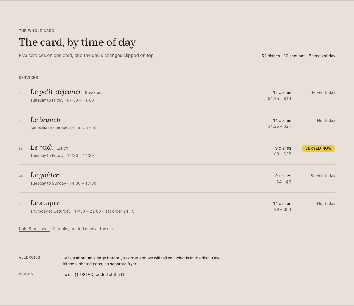 Carafe cafe website template Tailwind — menu-index component
