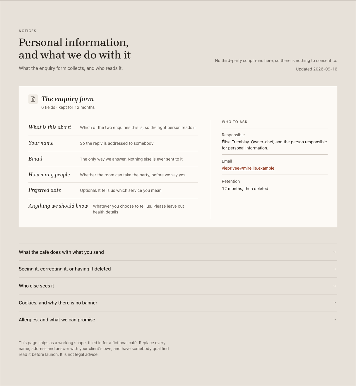 Carafe cafe website template Tailwind — notices component