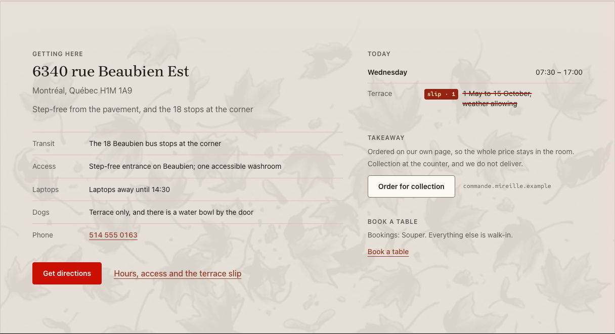 Carafe cafe website template Tailwind — visit-strip component