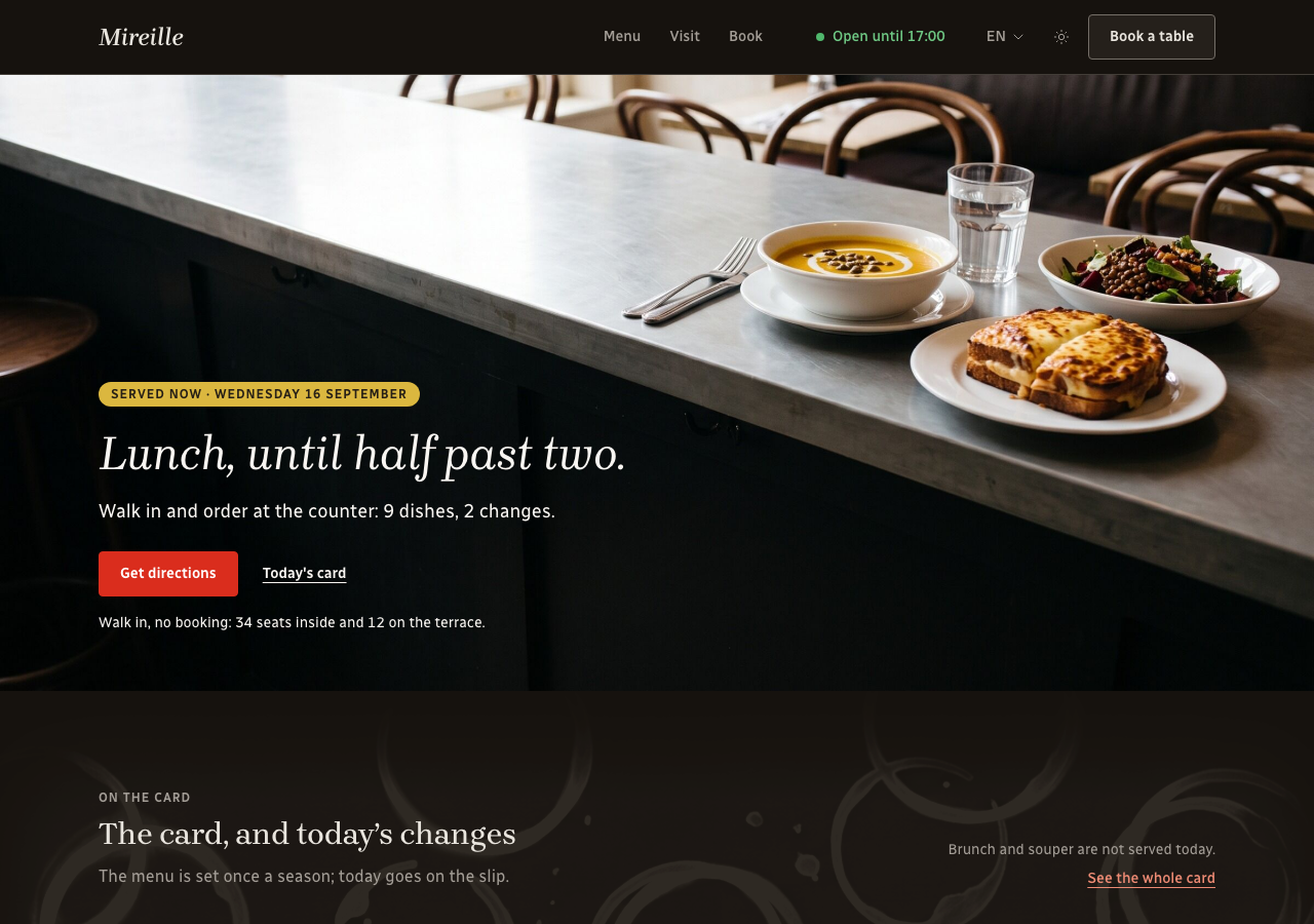 Carafe – All-Day Café & Bistro home page, dark mode
