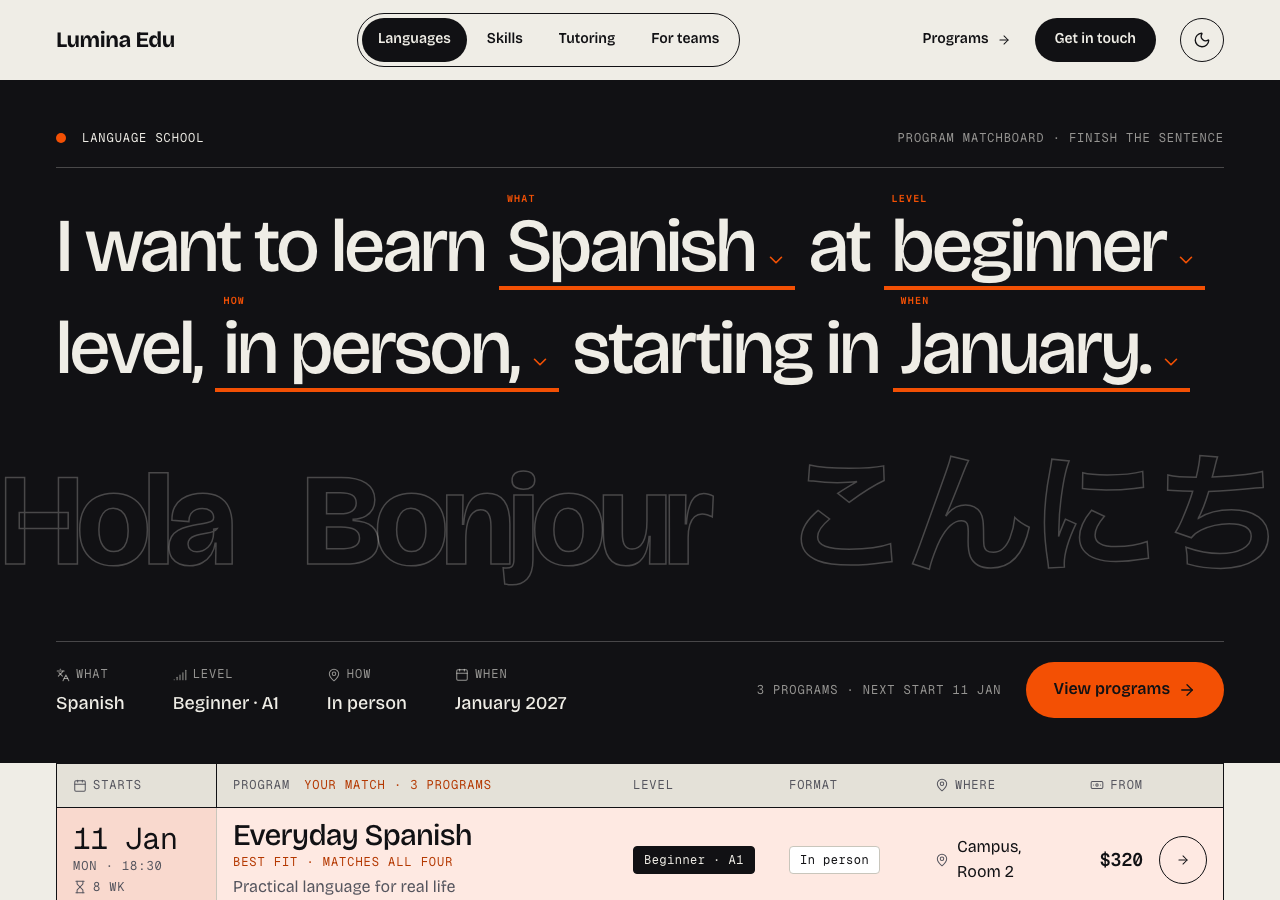 Lumina language school website template Tailwind — home page