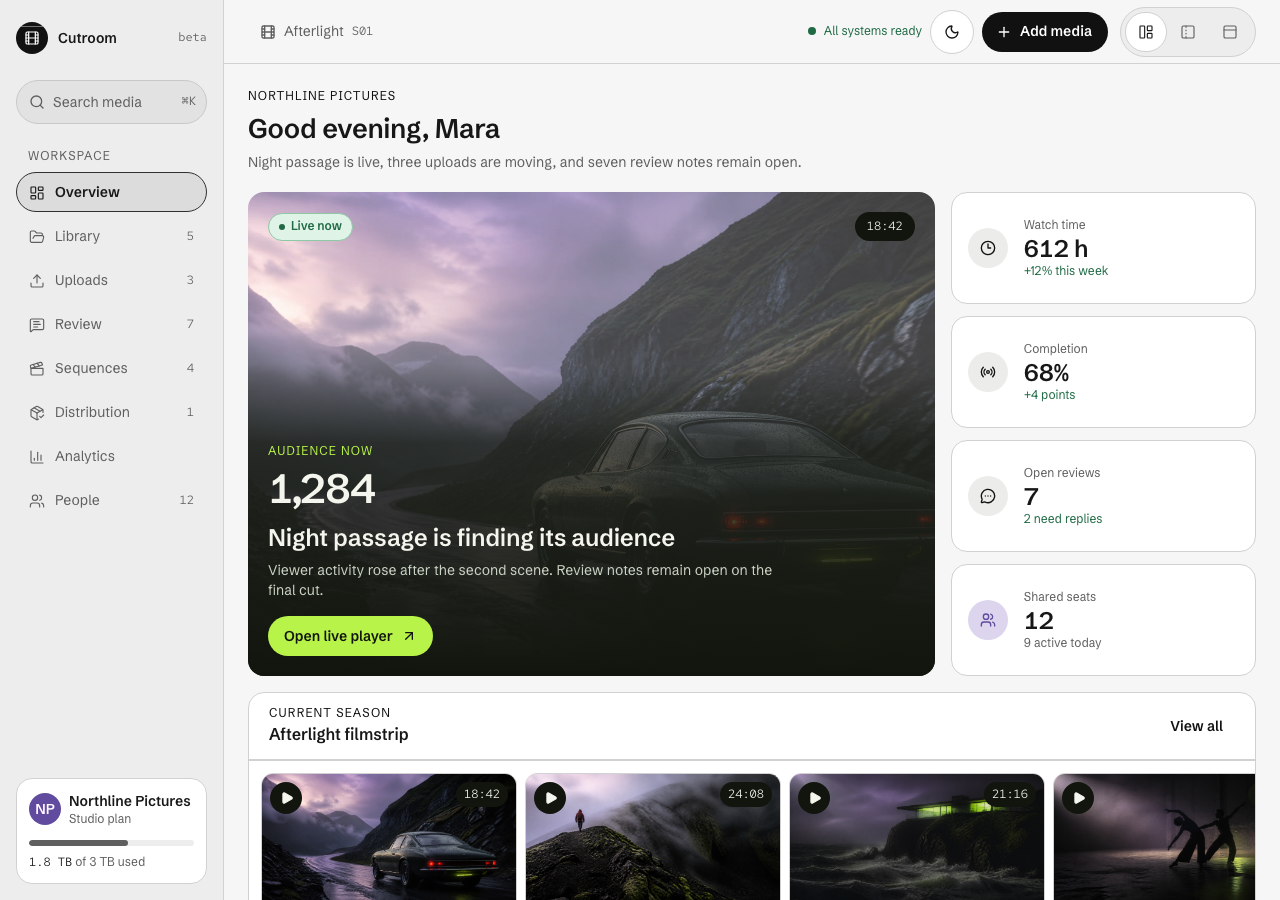 Cutroom Next.js media dashboard template — home page