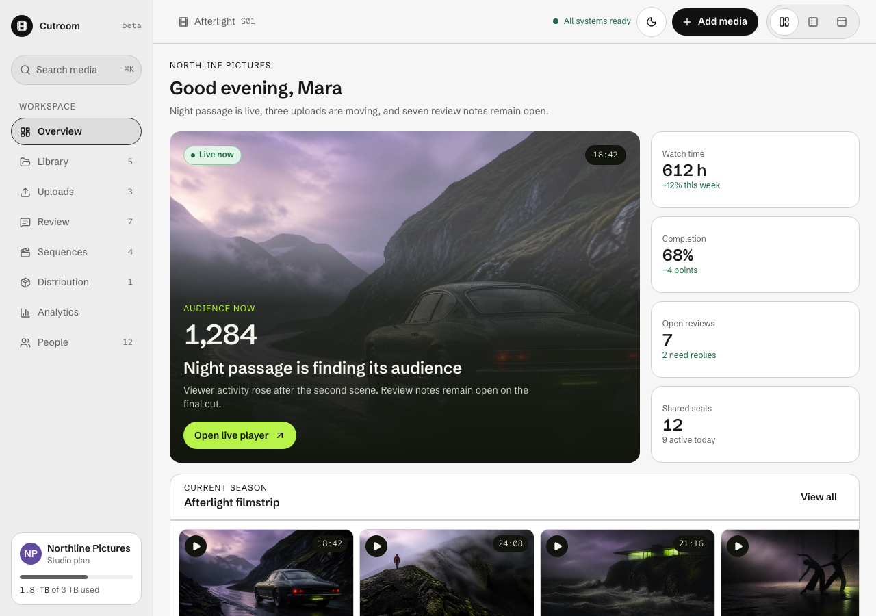 Cutroom Next.js media dashboard template — home page