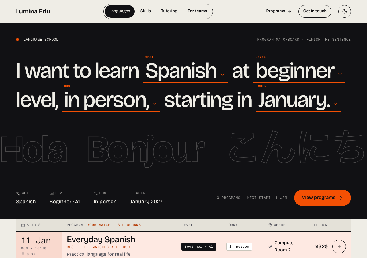 Lumina language school website template Tailwind — home page