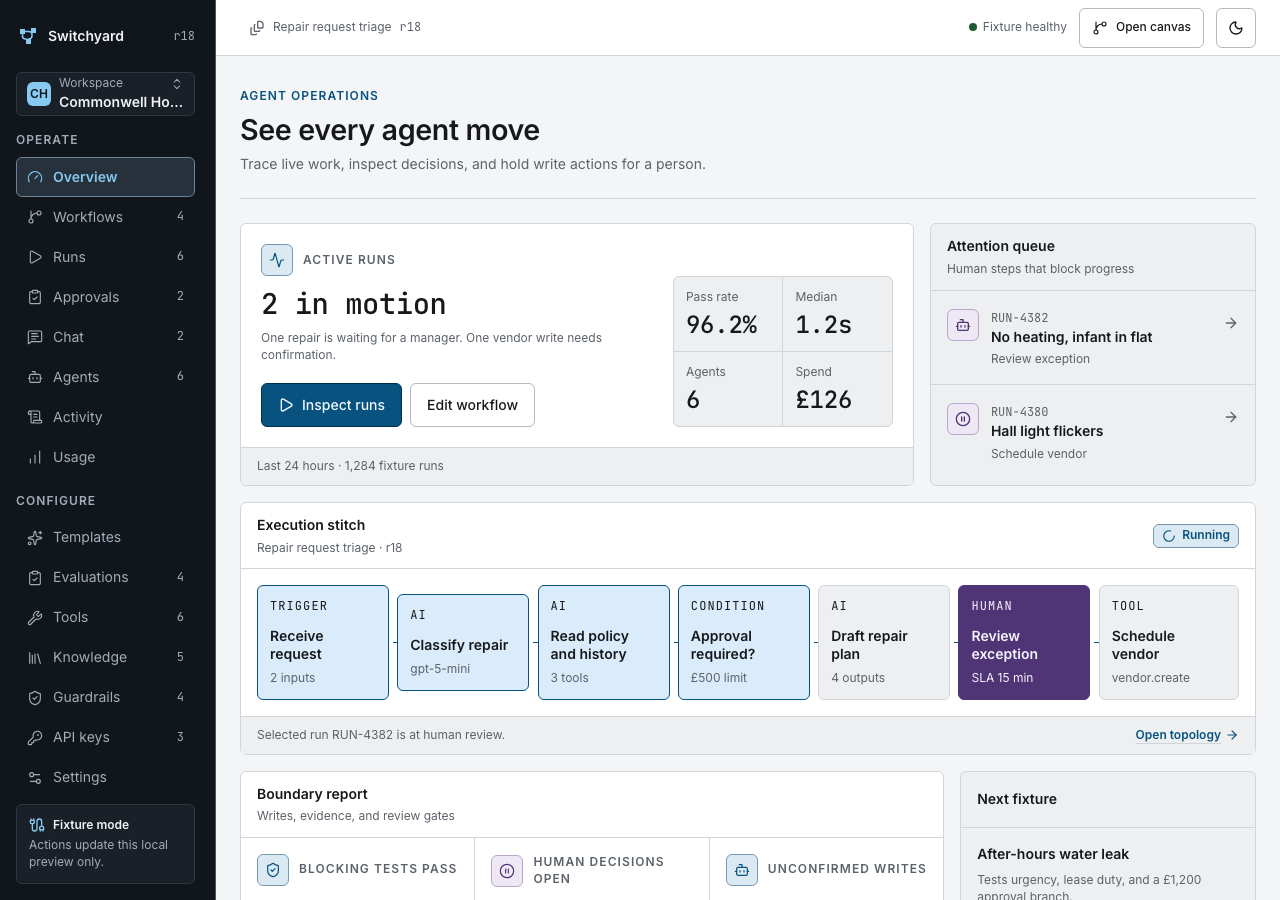 Switchyard AI agent dashboard template Next.js — home page
