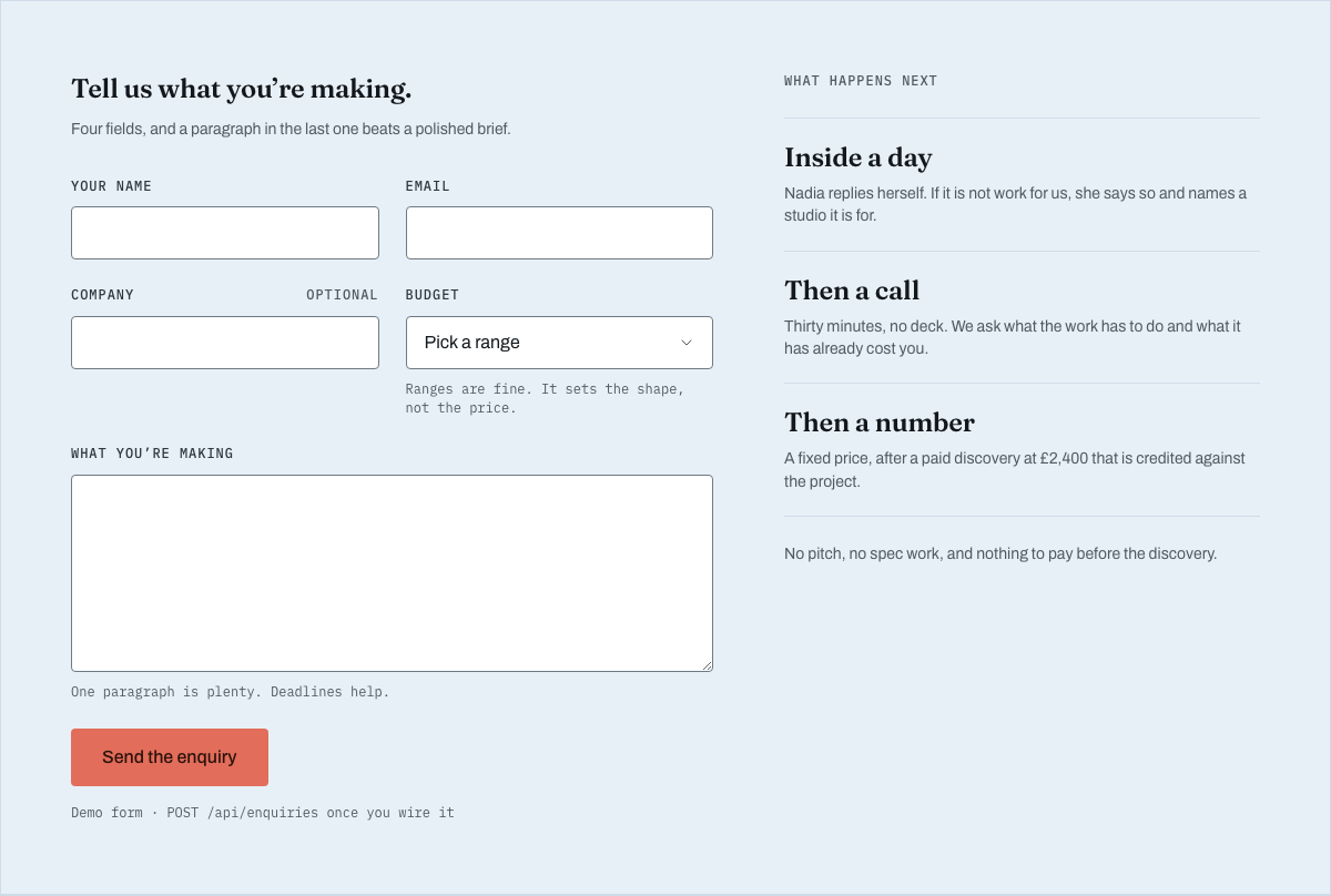 Foundry free Tailwind agency portfolio template — enquiry-form component