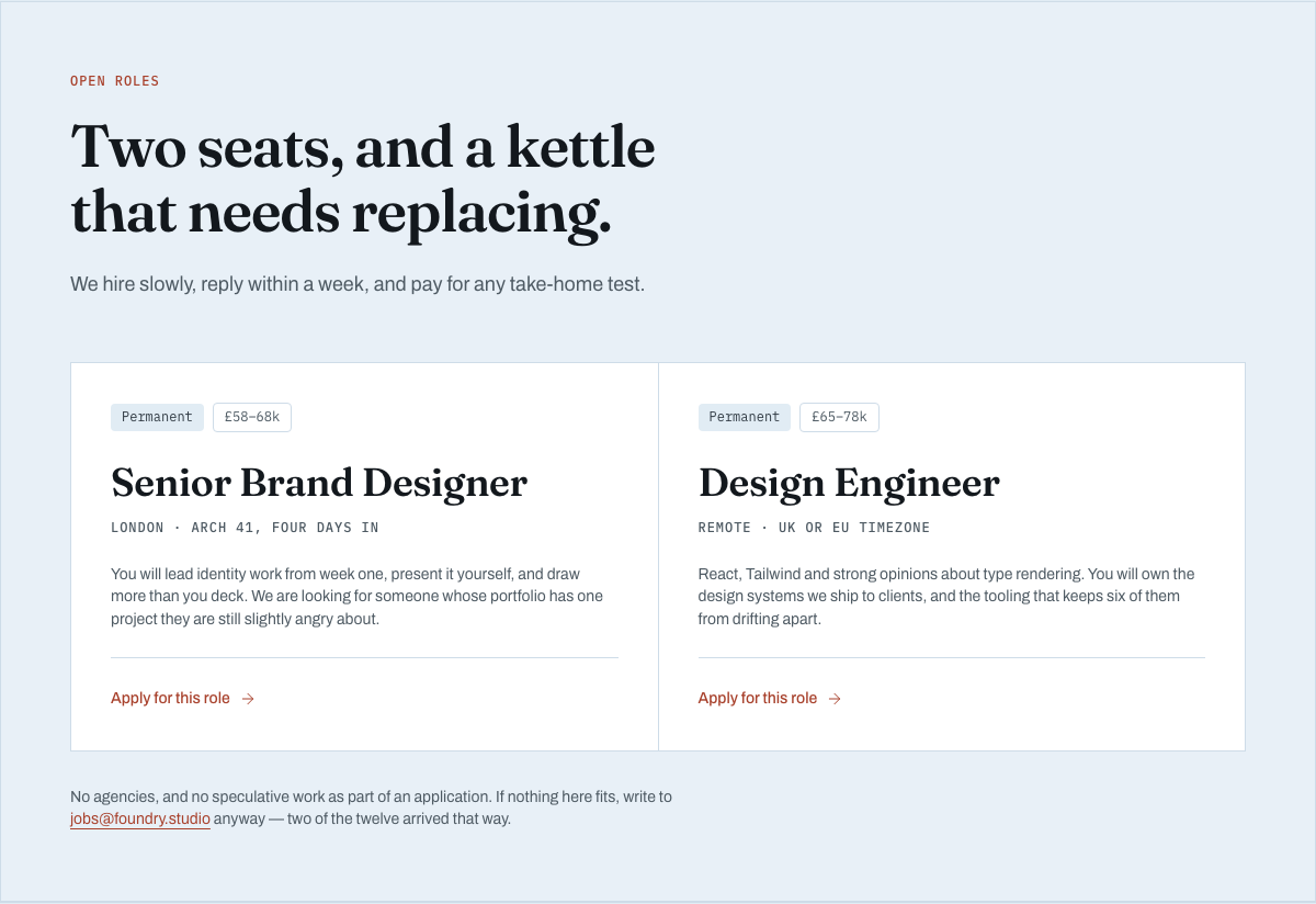 Foundry free Tailwind agency portfolio template — open-roles component