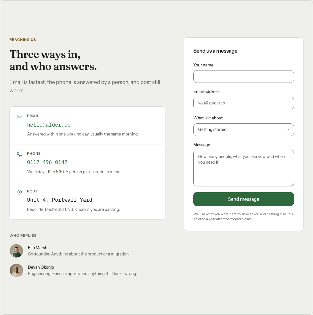 Grove Next.js SaaS landing page template — contact-desk component
