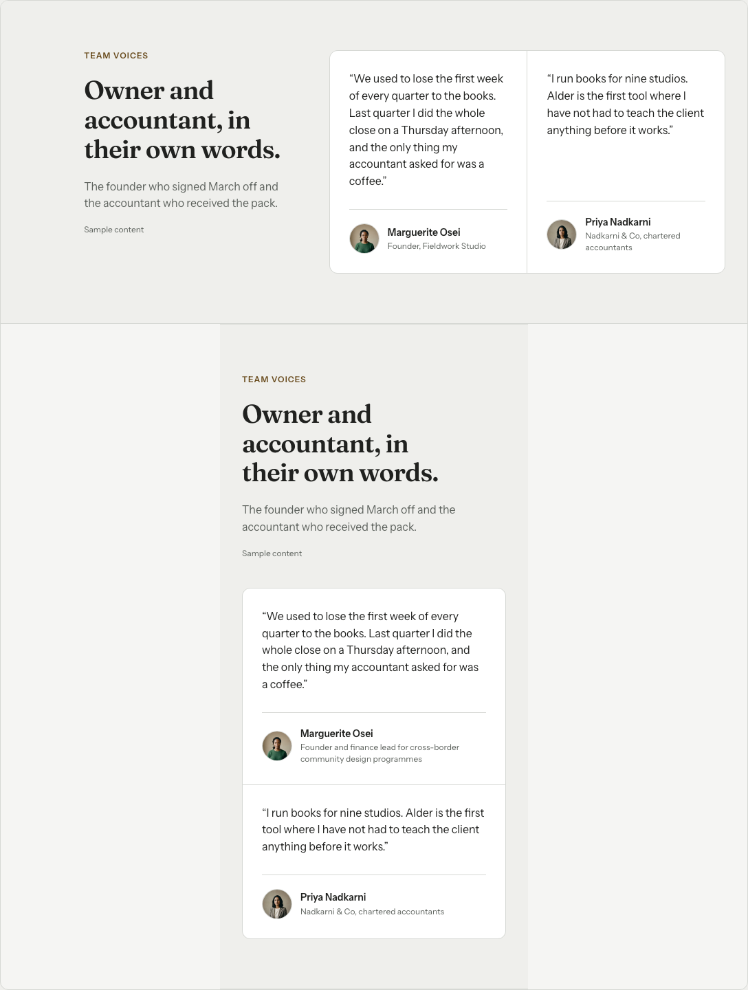 Grove Next.js SaaS landing page template — role-quotes component