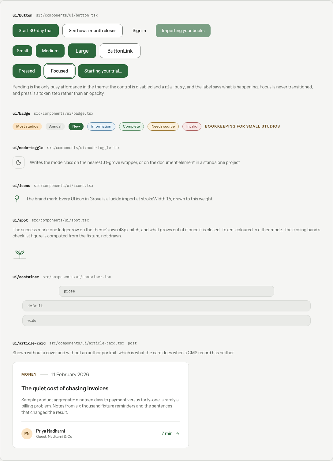 Grove Next.js SaaS landing page template — ui/* · 10 more primitives component