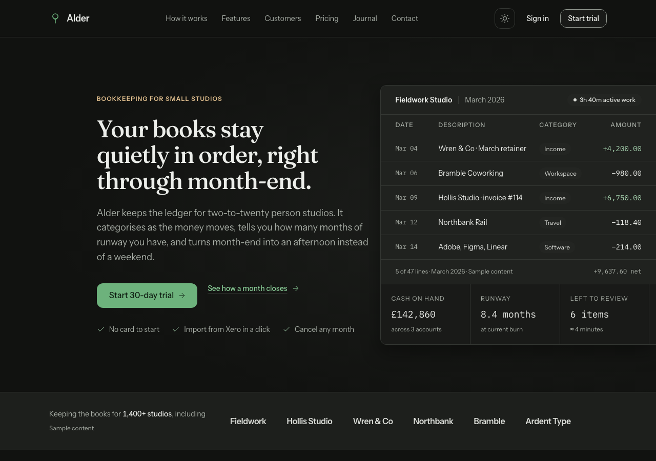 Grove home page, dark mode
