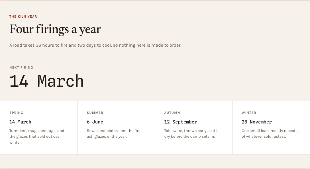 Kiln Tailwind ecommerce Next.js template — firing-calendar component