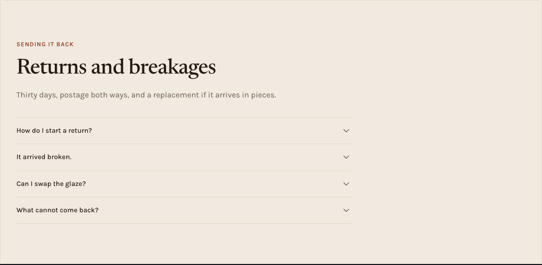 Kiln Tailwind ecommerce Next.js template — returns-faq component