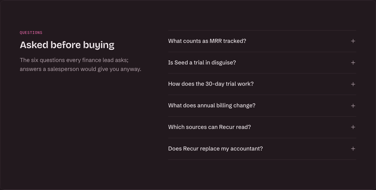 Marquee Tailwind React SaaS landing page template — faq component