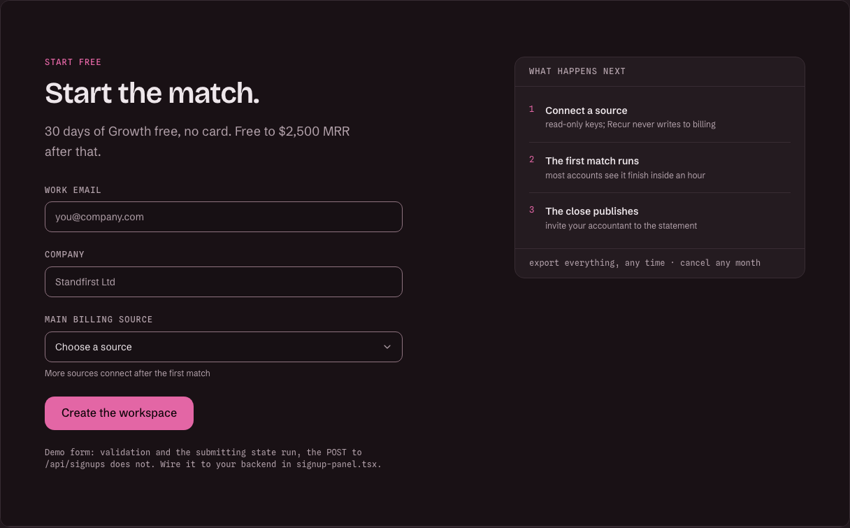 Marquee Tailwind React SaaS landing page template — signup-panel component