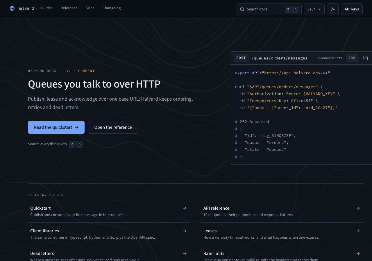 Meridian — Docs & API Reference home page, dark mode