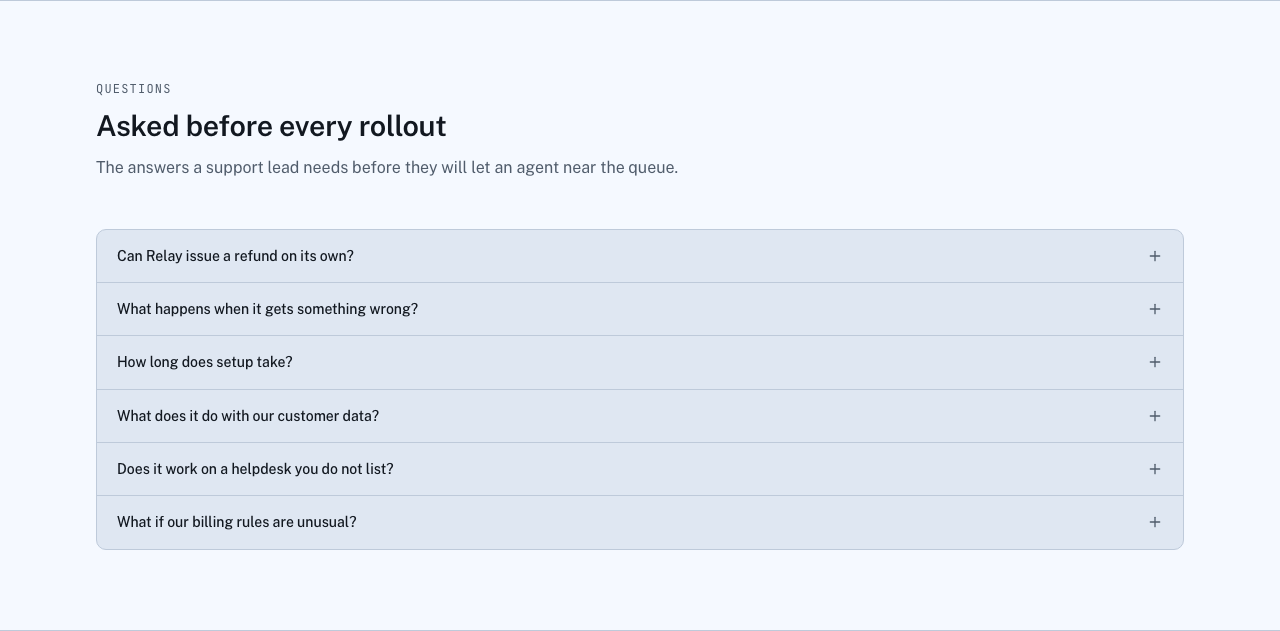Relay AI SaaS landing page template — faq component