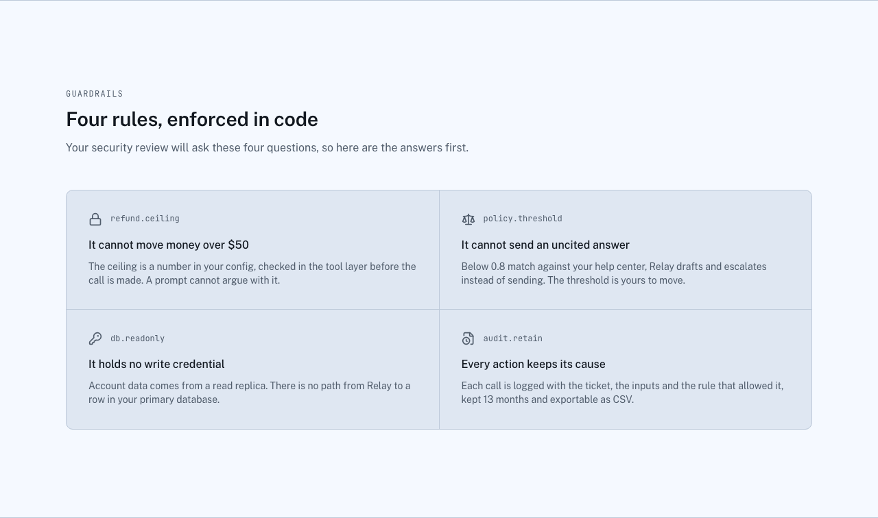 Relay AI SaaS landing page template — guardrails component