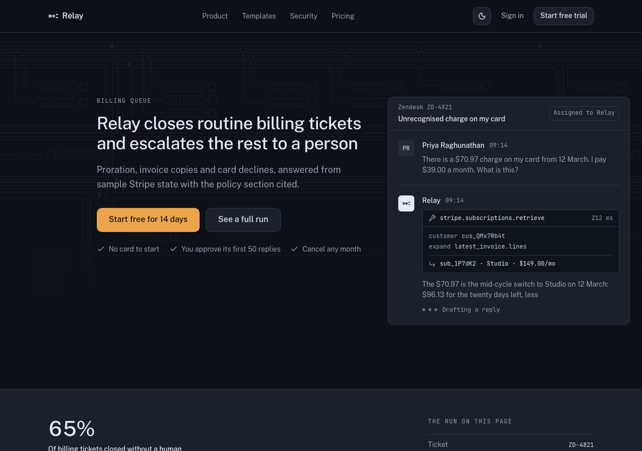Relay — AI Agent Product Landing home page, dark mode