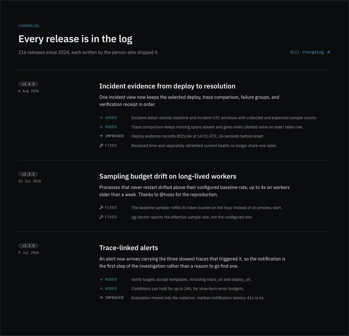 Signal developer tool landing page template — changelog-section component