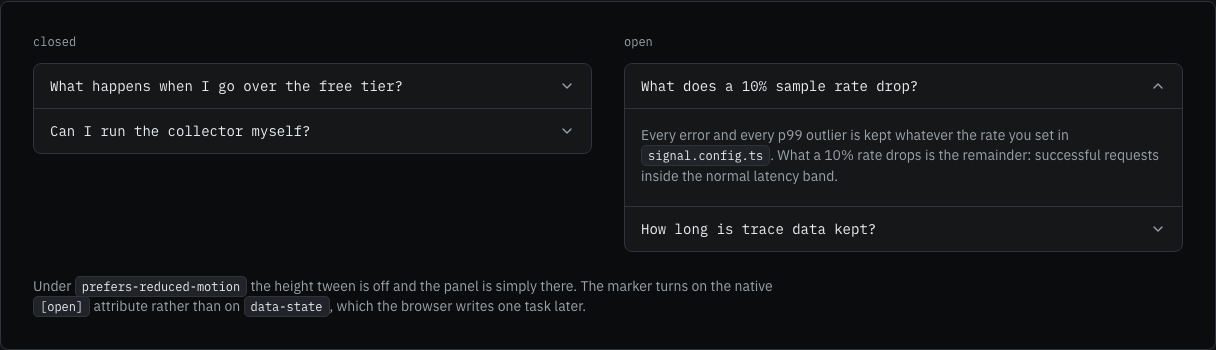 Signal developer tool landing page template — ui/accordion-disclosure component