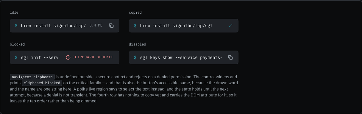 Signal developer tool landing page template — ui/copy-button component