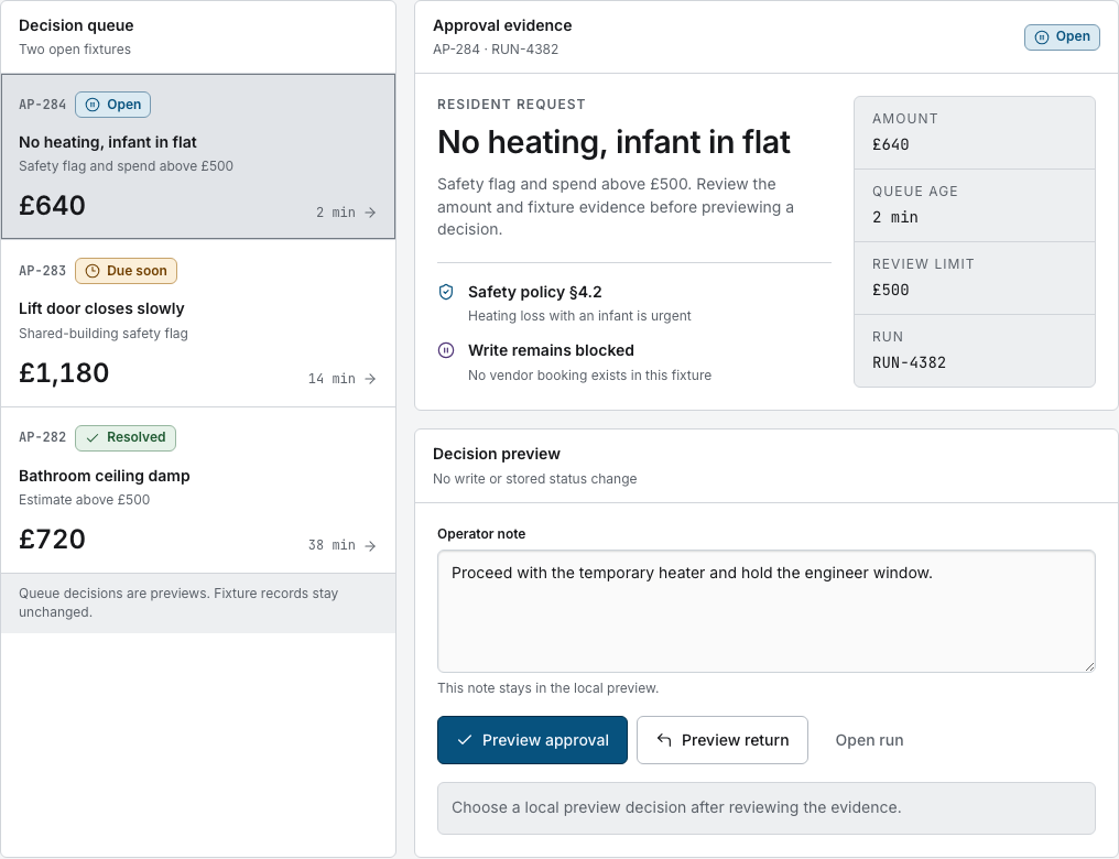 Switchyard AI agent dashboard template Next.js — approval-queue component