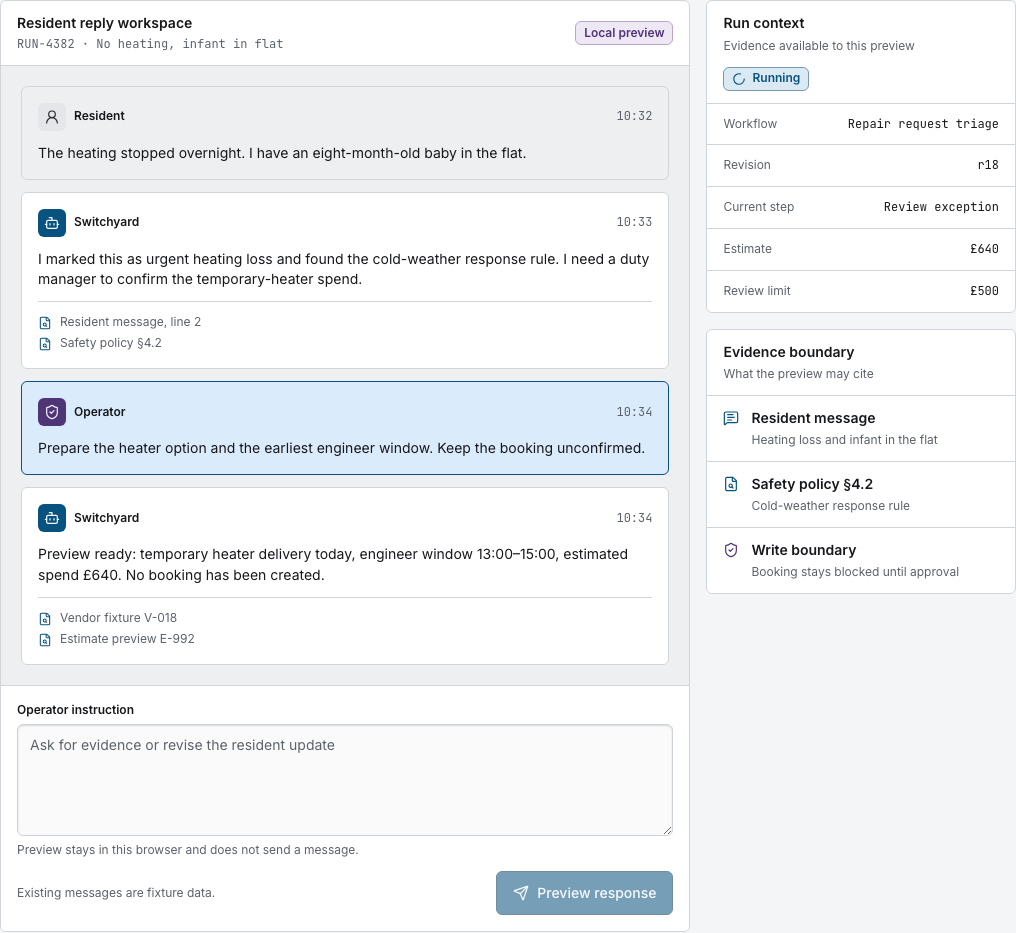 Switchyard AI agent dashboard template Next.js — chat-workspace component