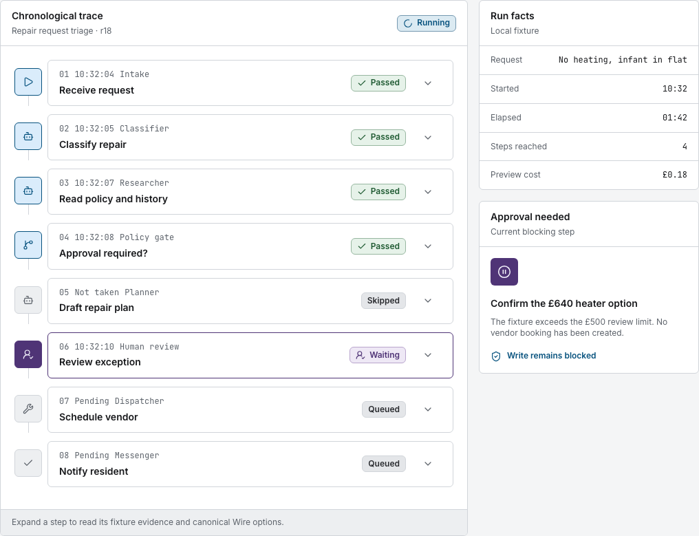 Switchyard AI agent dashboard template Next.js — execution-trace component