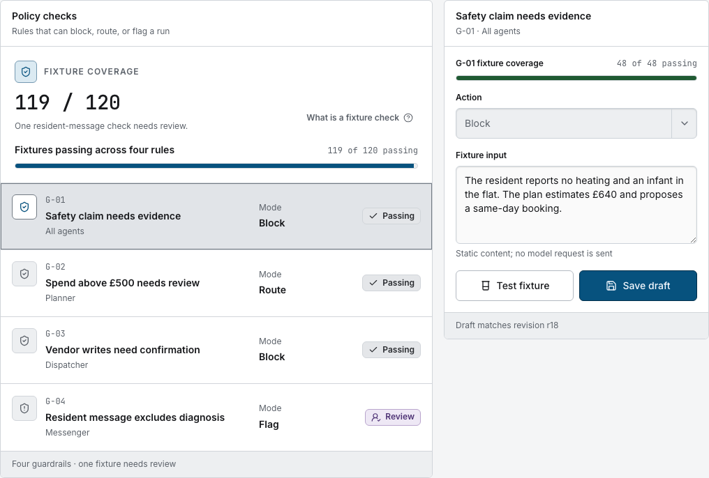 Switchyard AI agent dashboard template Next.js — guardrail-bench component