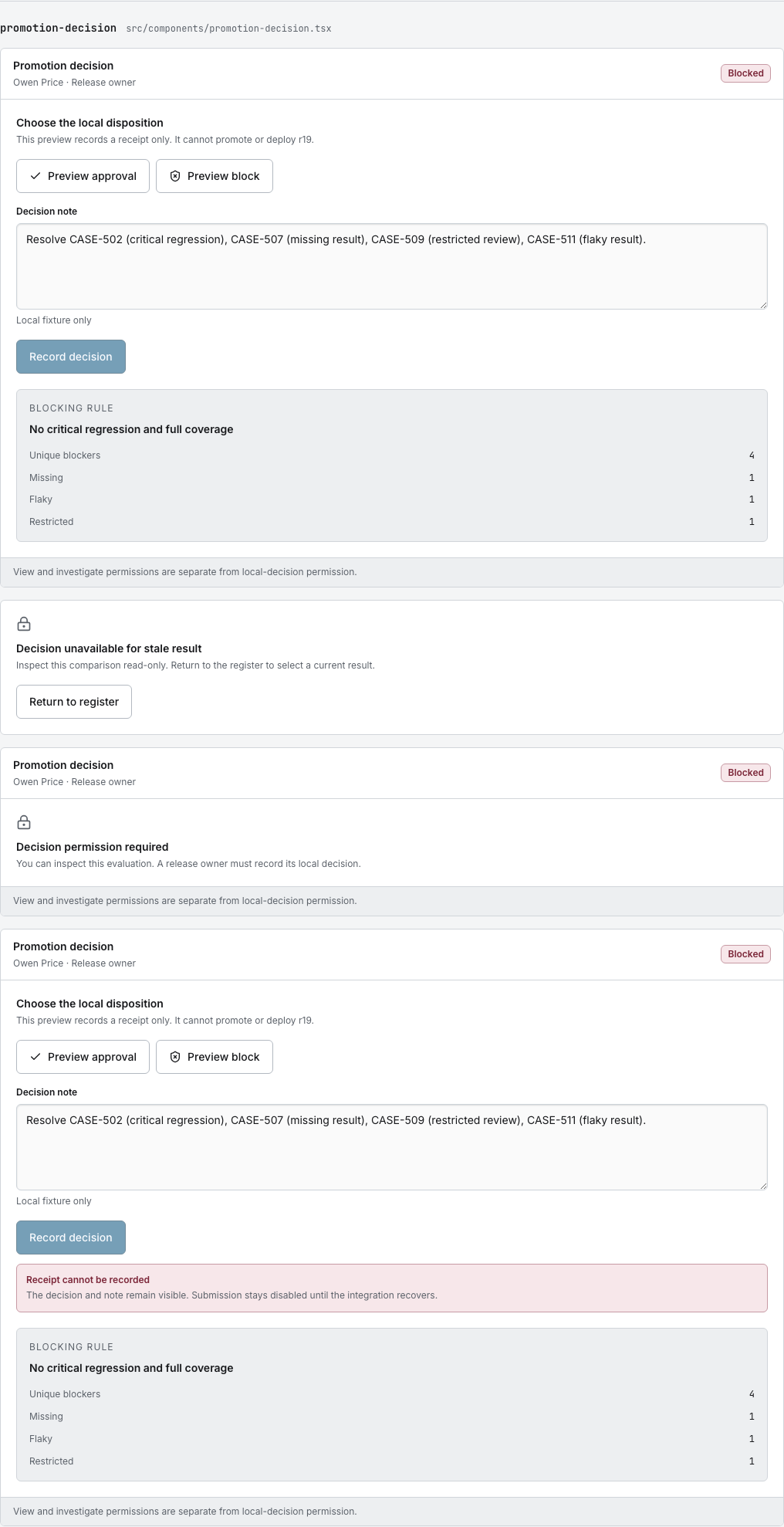 Switchyard AI agent dashboard template Next.js — promotion-decision component
