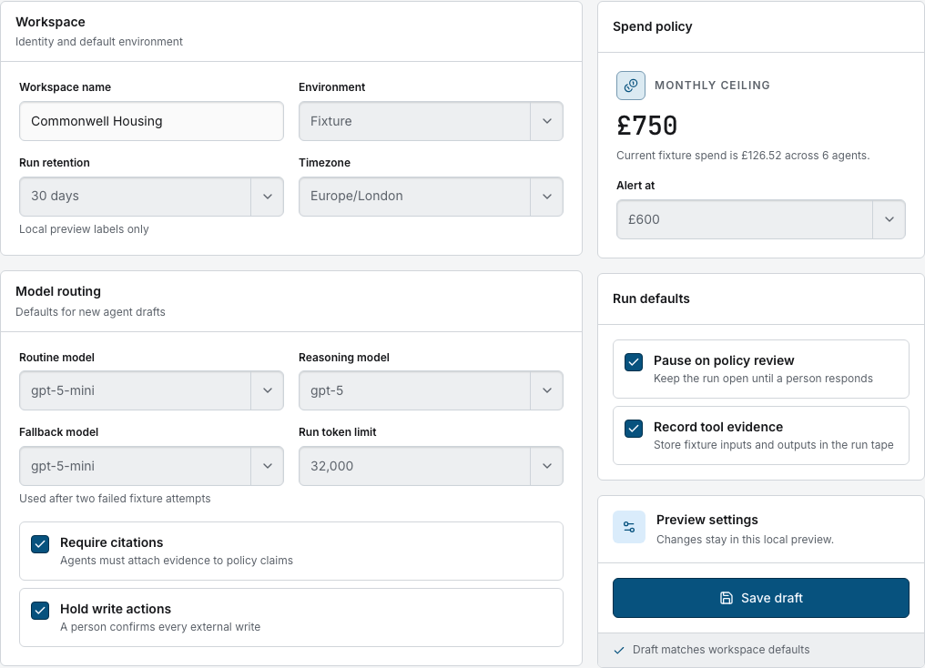 Switchyard AI agent dashboard template Next.js — settings-console component