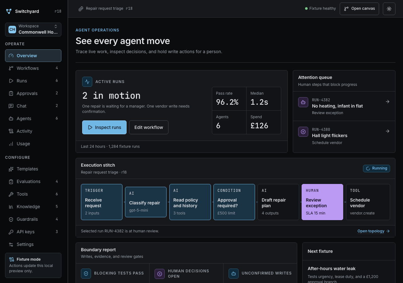 Switchyard home page, dark mode