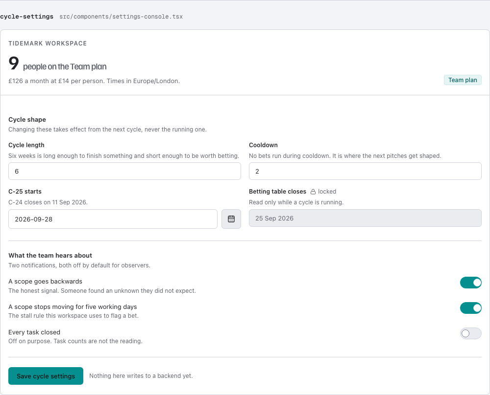 Appetite shape up project management dashboard template — cycle-settings component