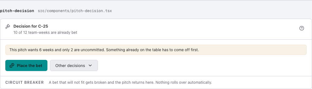 Appetite shape up project management dashboard template — pitch-decision component