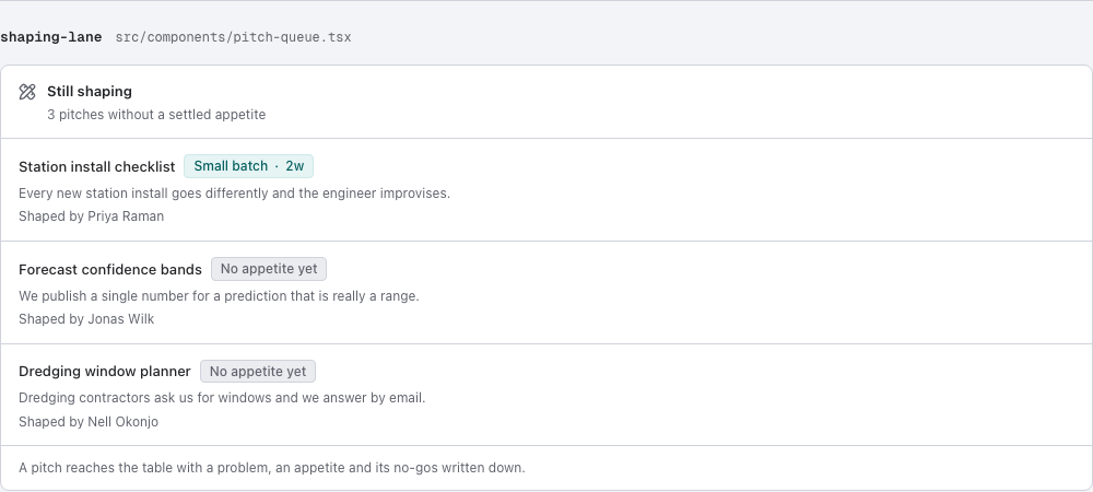 Appetite shape up project management dashboard template — shaping-lane component