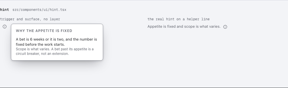 Appetite shape up project management dashboard template — ui/hint component