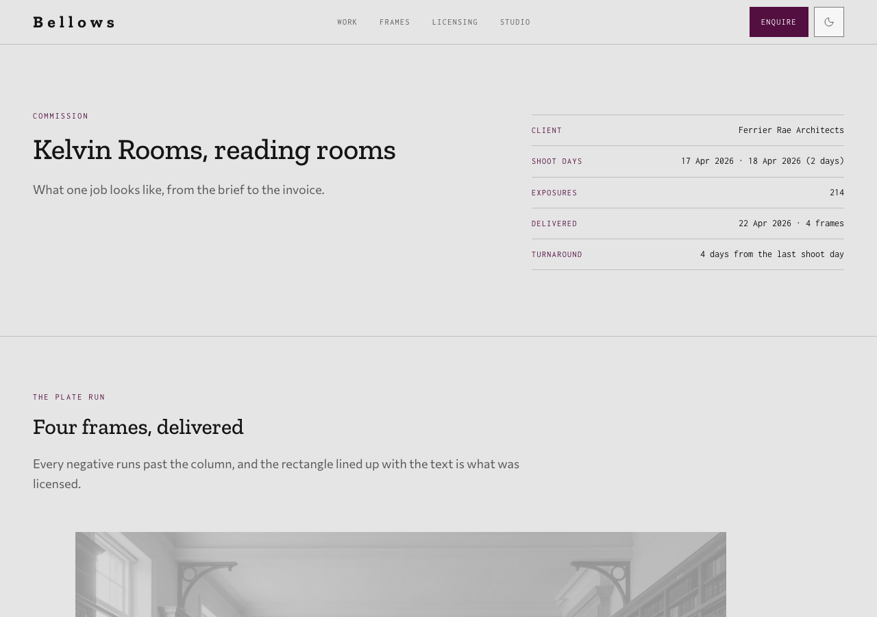 Bellows photography portfolio template Next.js — One commission, end to end page