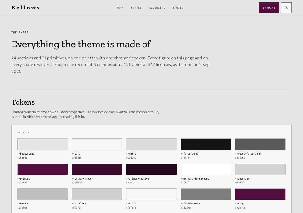 Bellows photography portfolio template Next.js — The parts page