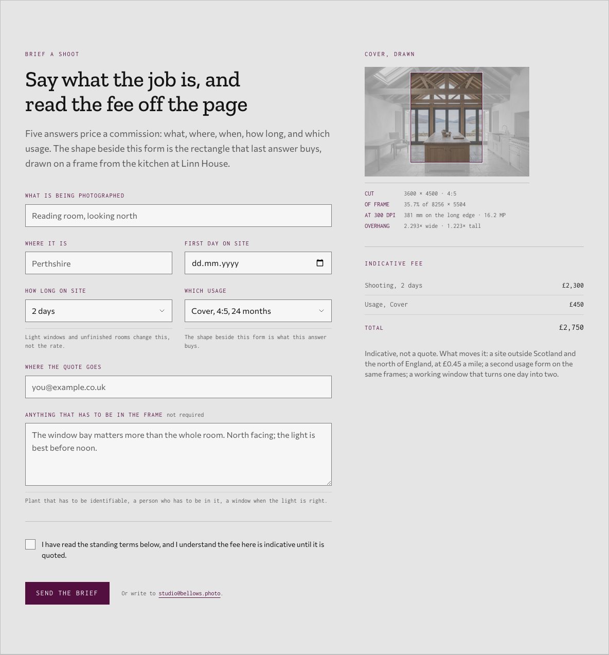 Bellows photography portfolio template Next.js — brief-form component