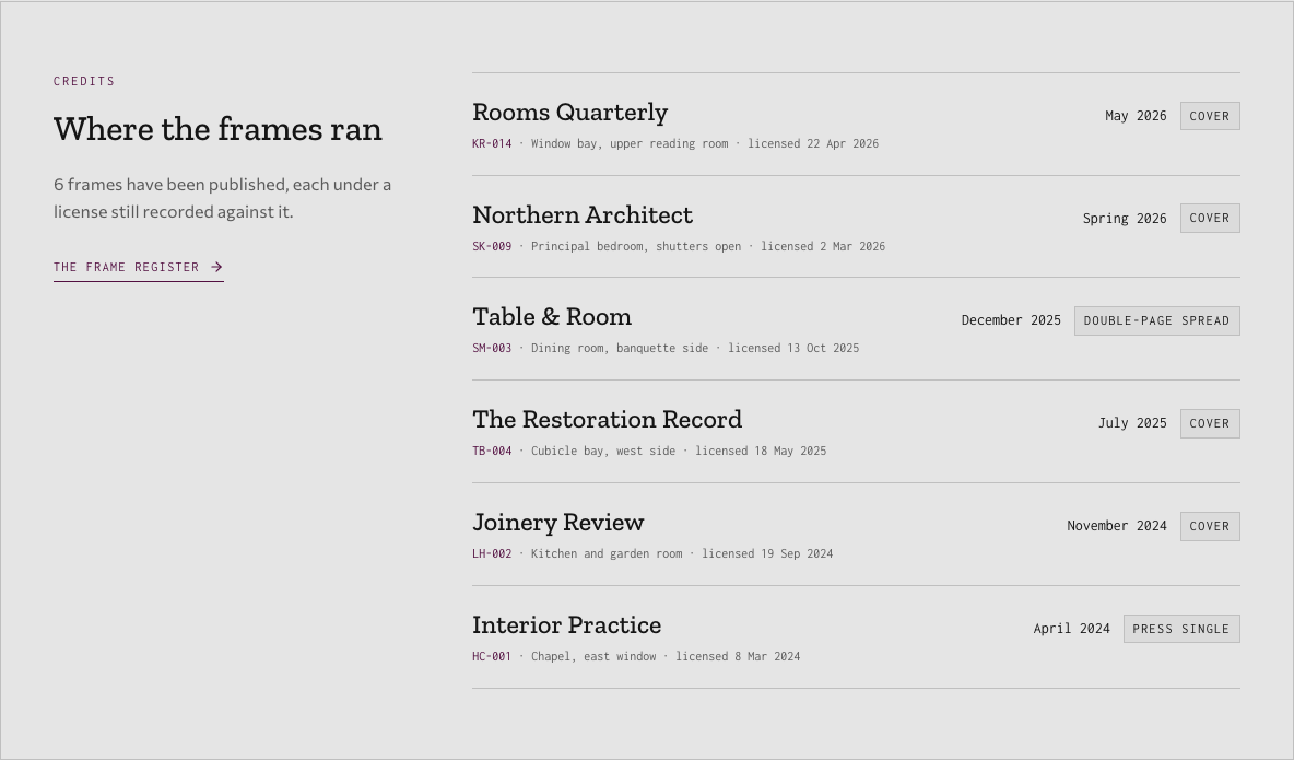 Bellows photography portfolio template Next.js — credits component