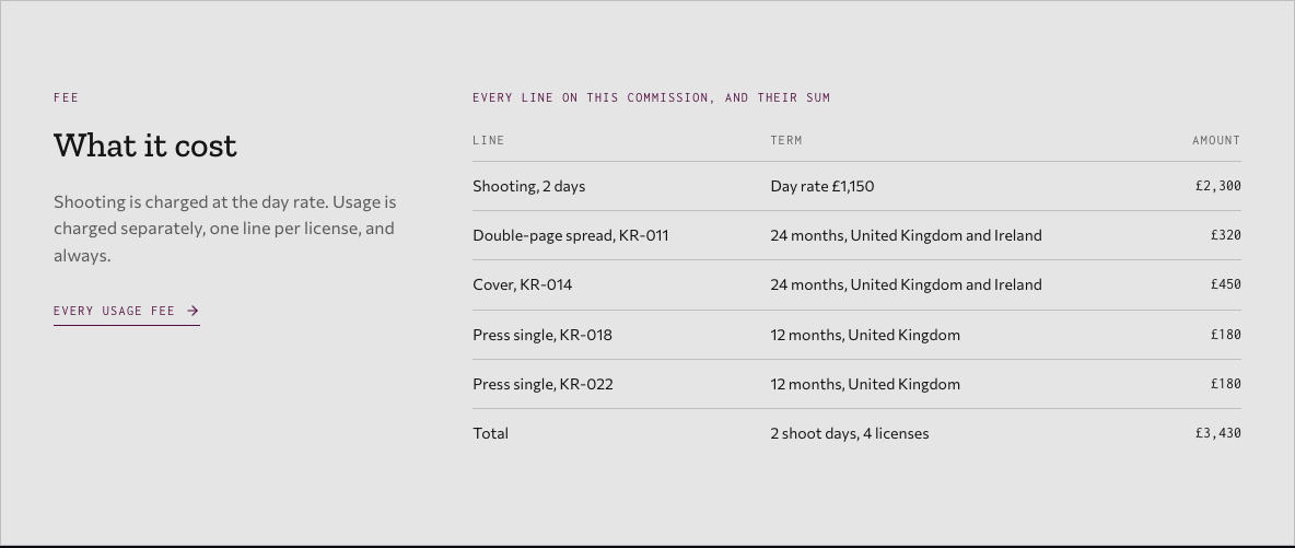 Bellows photography portfolio template Next.js — grants-table component