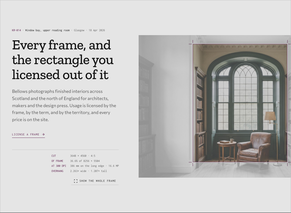 Bellows photography portfolio template Next.js — hero-cut component