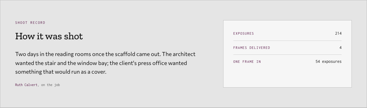 Bellows photography portfolio template Next.js — shoot-record component