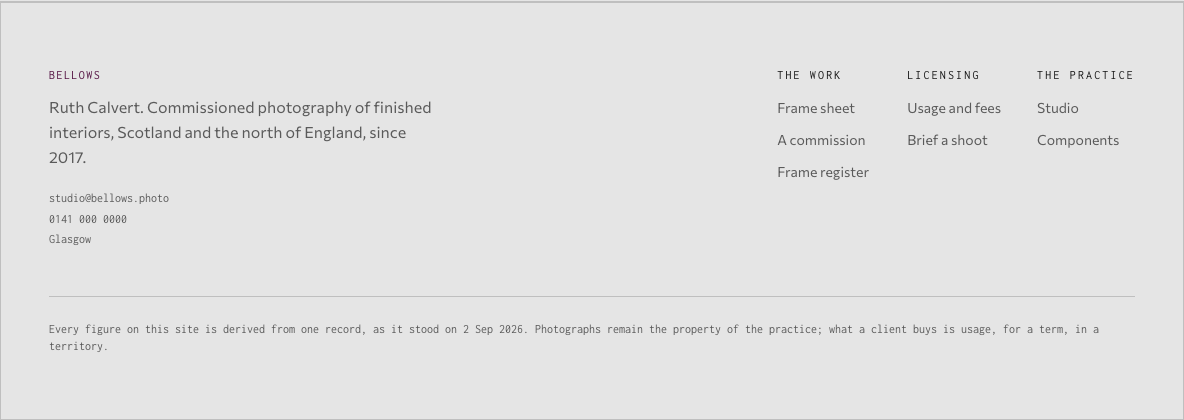 Bellows photography portfolio template Next.js — site-footer component