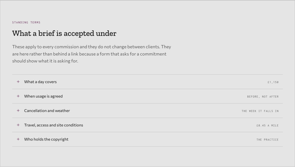 Bellows photography portfolio template Next.js — terms-summary component