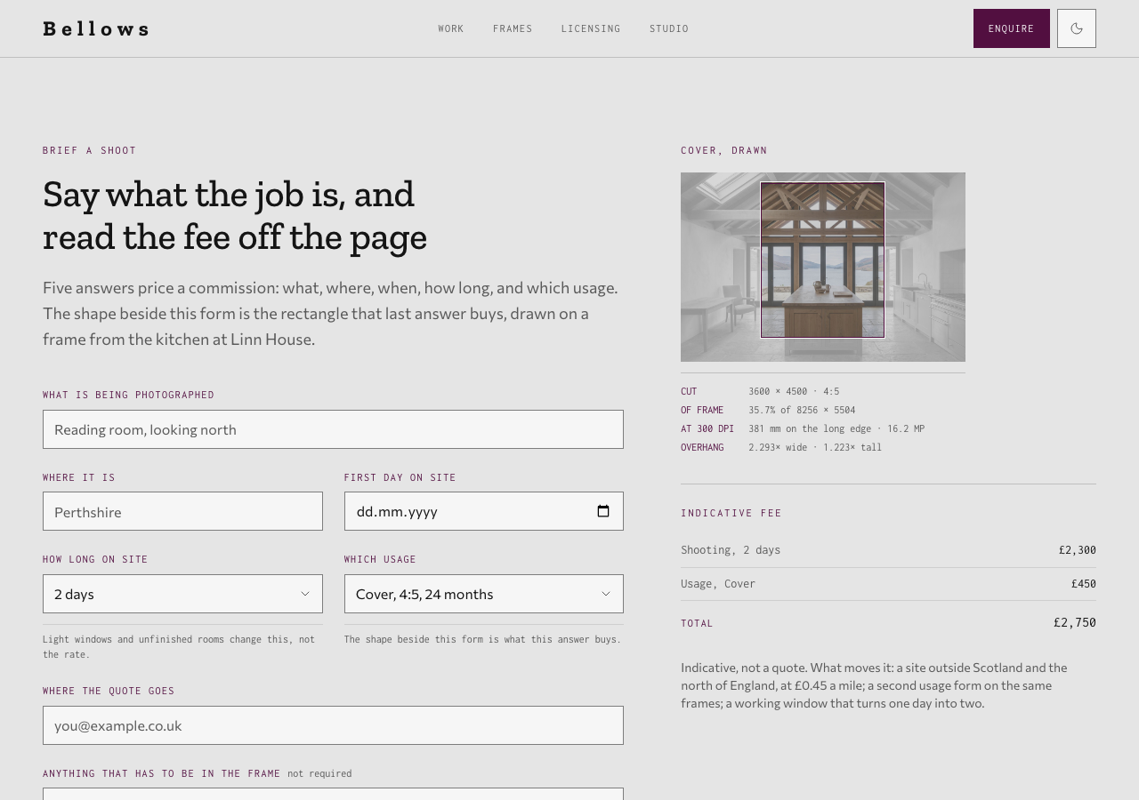 Bellows photography portfolio template Next.js — Brief a shoot page