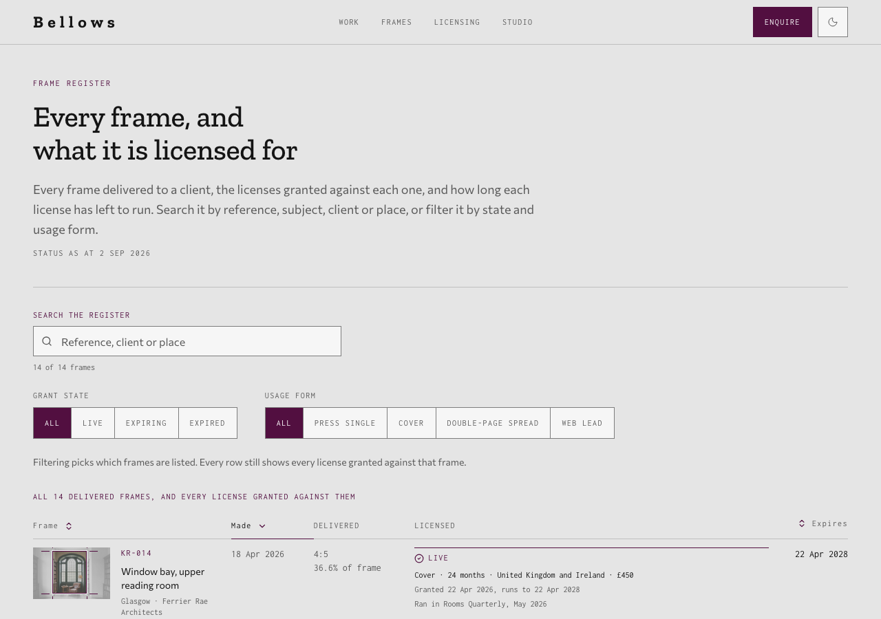 Bellows photography portfolio template Next.js — The frame register page