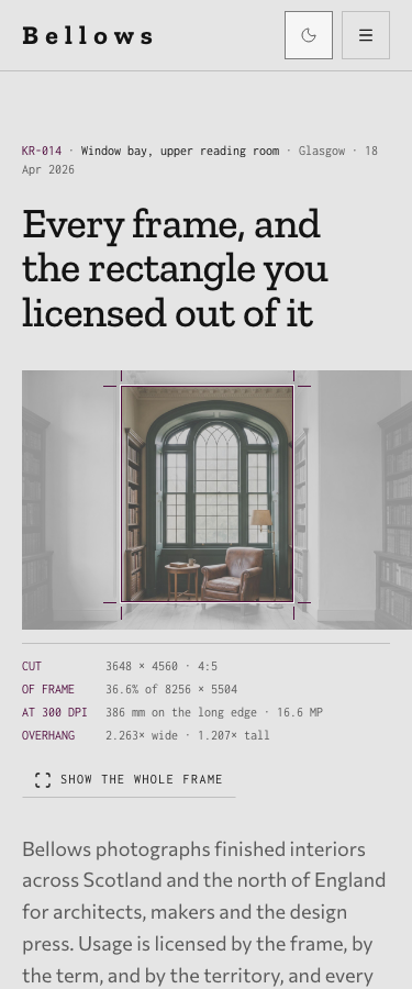 Bellows — Photography Portfolio & Licensing home page, light mode