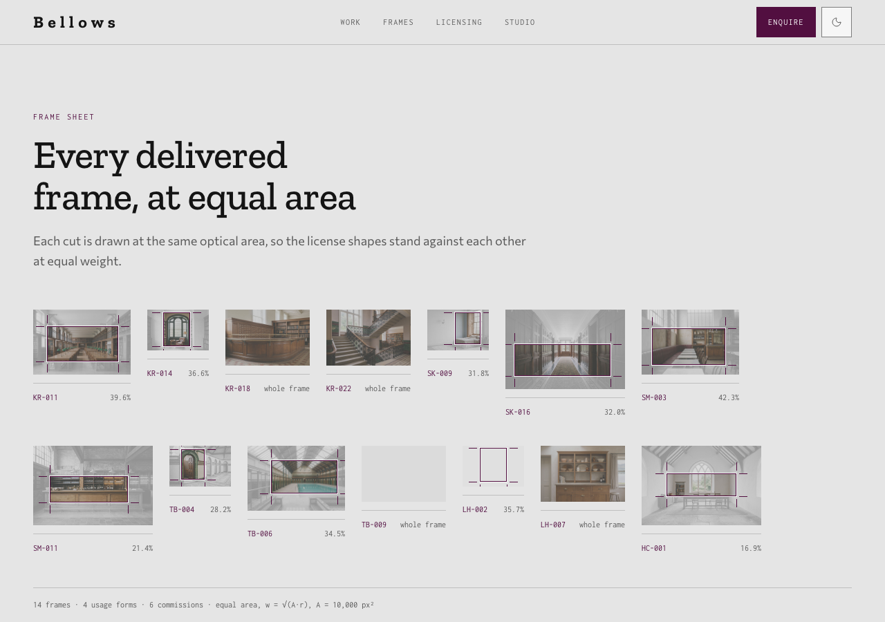 Bellows photography portfolio template Next.js — The frame sheet page